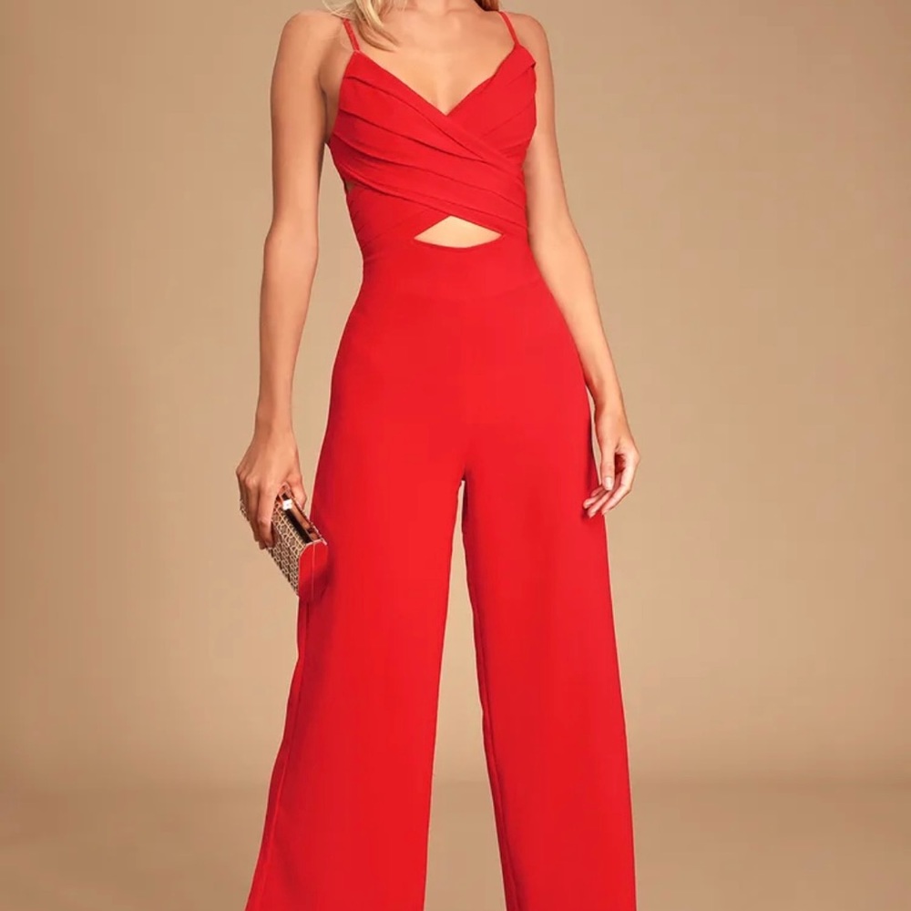 Lulu's • So Ladylike Red Surplice Cutout Jumpsuit